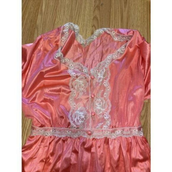 Vintage TEXSHEEN Lingerie Long Pink Chiffon Lace Lounge Gown & Robe Peignoir - Picture 5 of 11